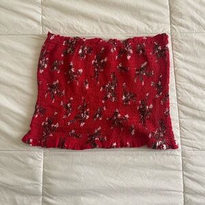 Red Floral Tube Top with Ruffle Hem